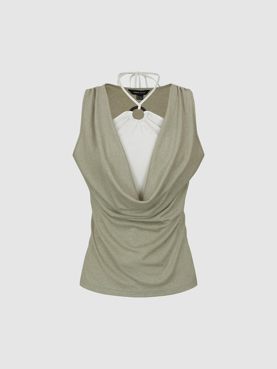 2 In 1 Contrast Cowl Neck Ruched Skinny-Fit T-Shirts