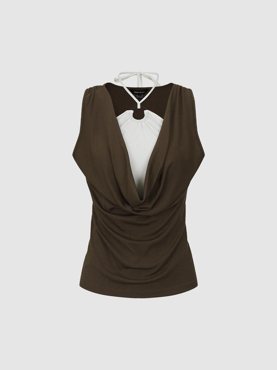 2 In 1 Contrast Cowl Neck Ruched Skinny-Fit T-Shirts