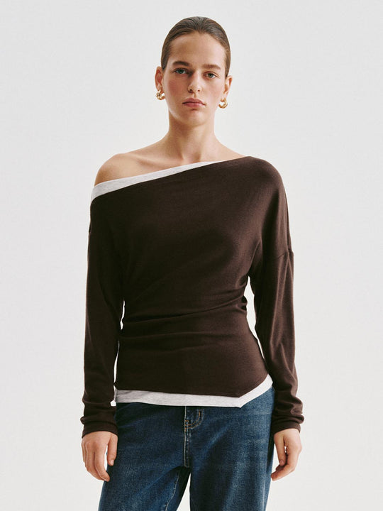 Brown One Shoulder Knit With White Trim Sweater