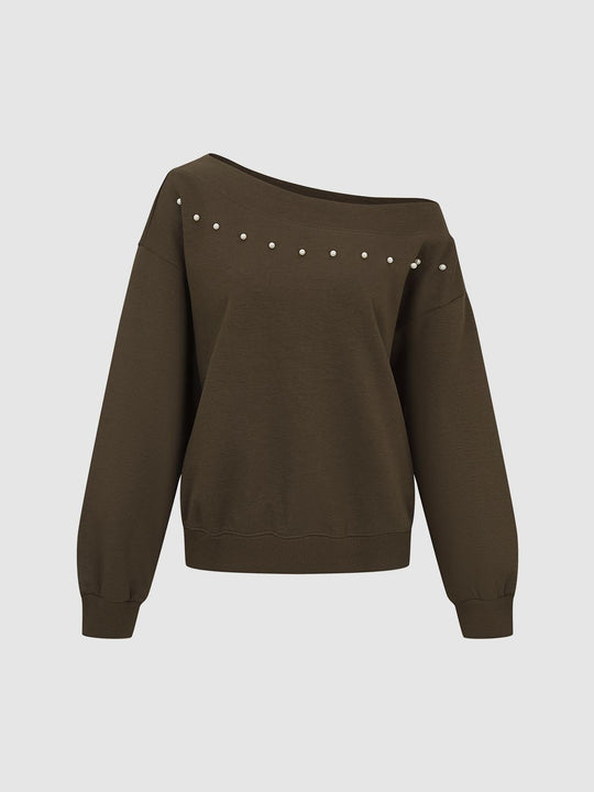 Off-shoulder Pearl Detail Long Sleeve Sweatshirt