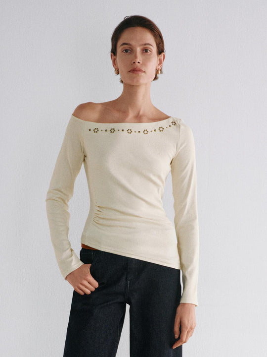 Ruched Studded Asymmetric Long Sleeve Cotton Blend T-Shirt
