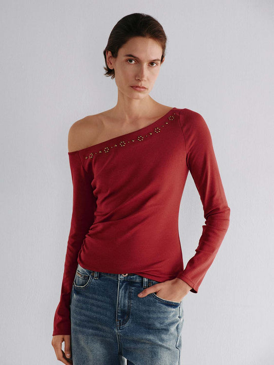 Studded Ruched Asymmetric Long Sleeve Cotton Blend T-Shirt
