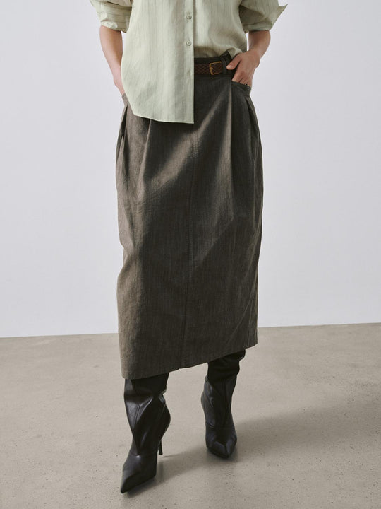 Belted Balloon Denim Midi Skirts
