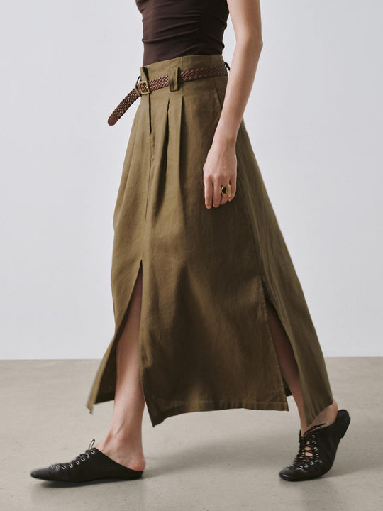 Linen Blend Belted Pleated Slit Detail A-Line Midi Skirts