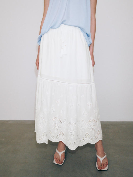 Guipure Lace Tiered Drawstring Pull On A-Line Midi Skirts