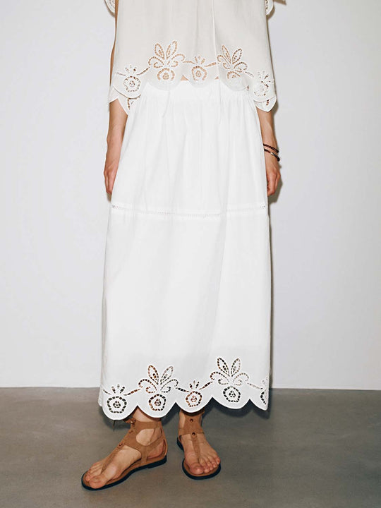 Lace Trim Drawstring Pull On Midi Skirts