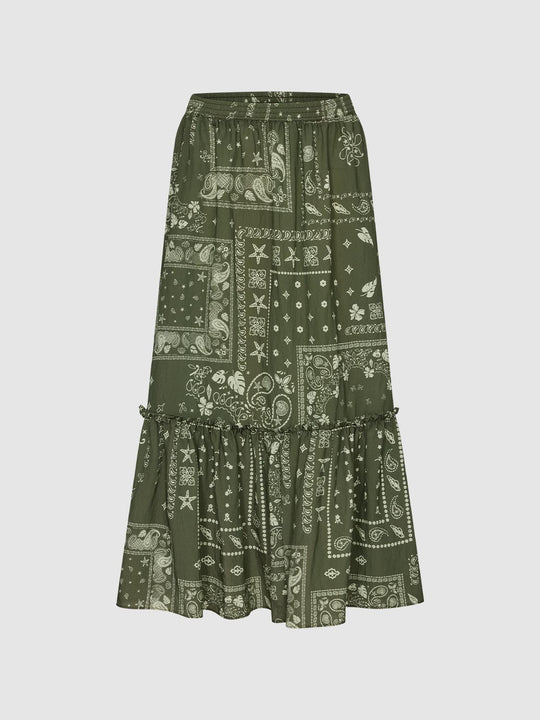 Printed Seamed Shirring Detail Pull On A-Line Midi Skirts