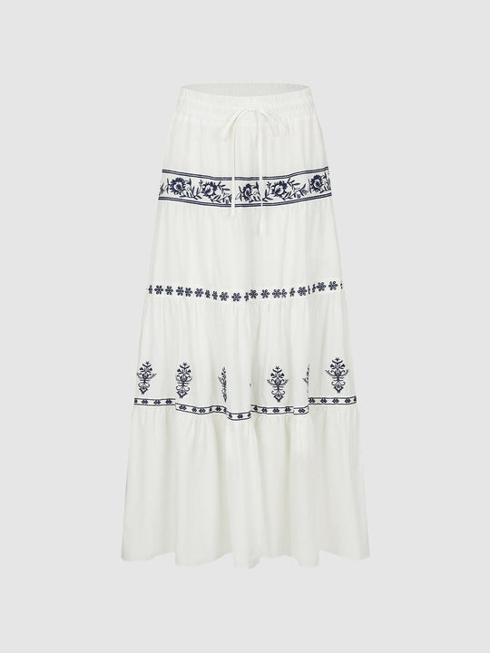 Cotton Embroidered Floral Bands Tiered Maxi Skirt