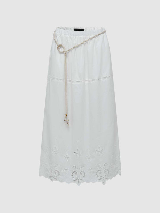Rope Belt Eyelet Hem Embroidered Long Cotton Skirt