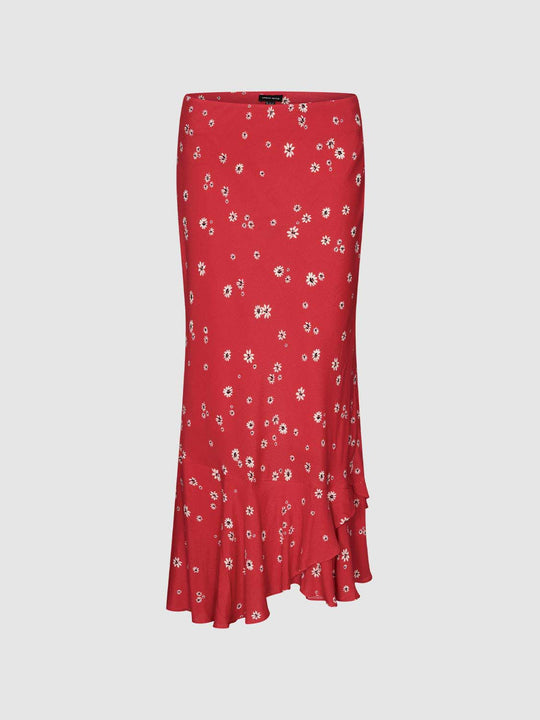 Bright Red Floral Ruffle Hem Midi Lightweight Skirt