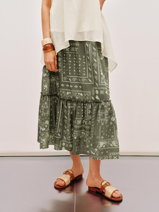 Olive Bandana Print Tiered A-line Midi Skirt