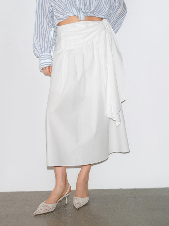 White A-line Wrap Draped Asymmetric Hem Skirt