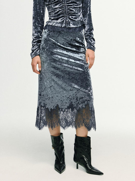 Scalloped Lace Hem Crushed Textured H-line Skirt