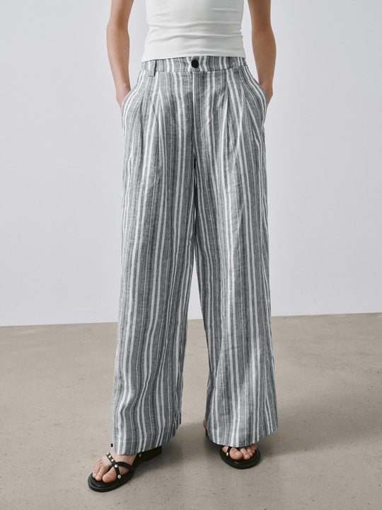Linen Blend Contrast Striped Wide Leg Pants