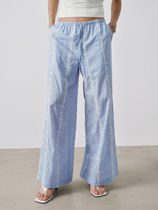 Floral Embroidered Drawstring Pull On Wide Leg Pants
