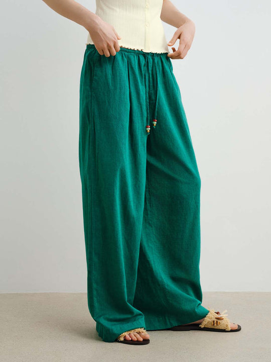 Cotton Elastic Waist Wide-Leg With Subtle Textured Weave Details And Topstitching Pants