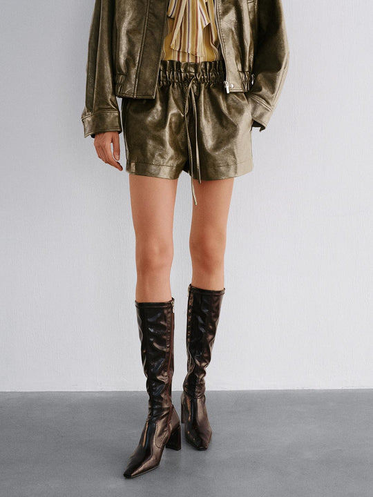 Metallic Coated Drawstring Elastic Waist Shorts