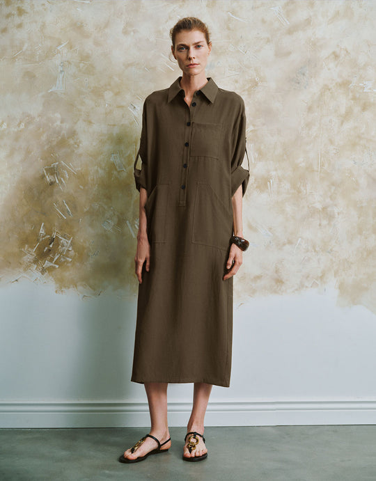 Button Half Placket Straight Dress