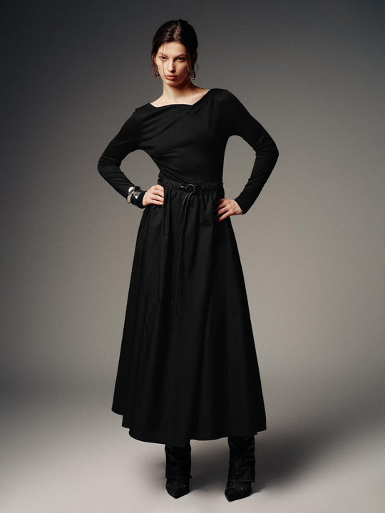 Belted Asymmetric Long Sleeve A-Line Midi Dresses