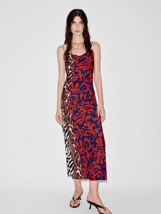 Contrast Printed Strappy Skinny Fit Maxi Dresses