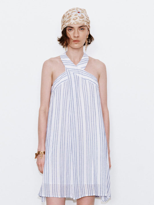 Linen Blend Halter Neck Striped A-Line Mini Dresses