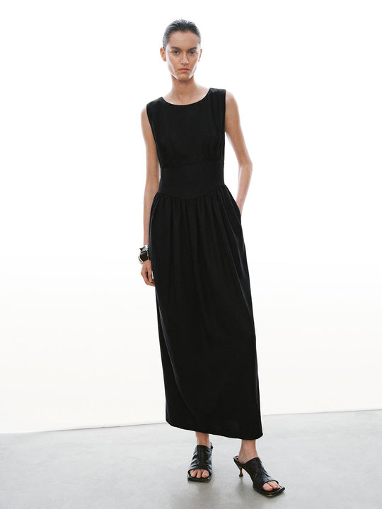 Sleeveless Shirring Detail A-Line Maxi Dresses
