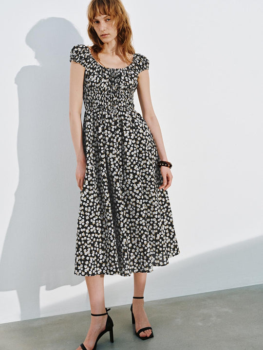 Puff Sleeve Shirring Detail A-Line Maxi Dresses