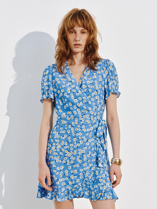 Printed V-Neck Puffball Sleeve A-Line Midi Dresses