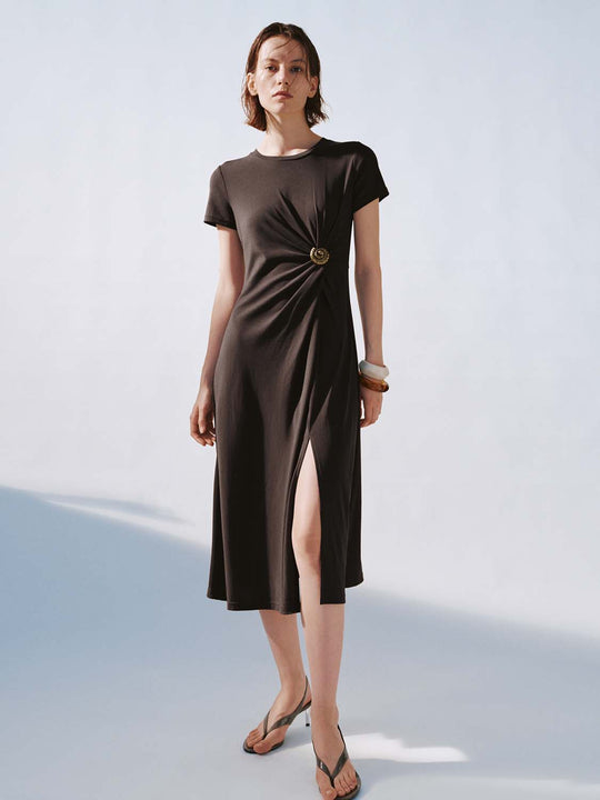 Front Knot Draped Short Sleeve A-Line Midi Dresses
