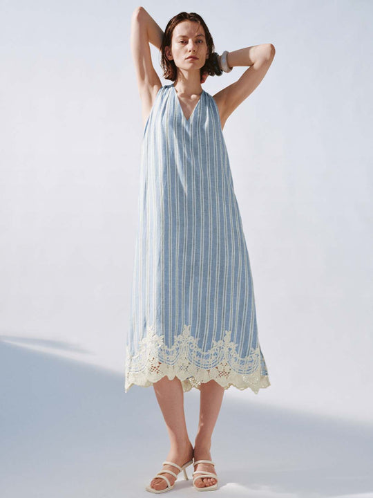 V-Neck Striped Sleeveless Lace Detail A-Line Maxi Dresses