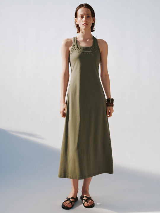 Studded Strappy U-Neck A-Line Midi Dresses