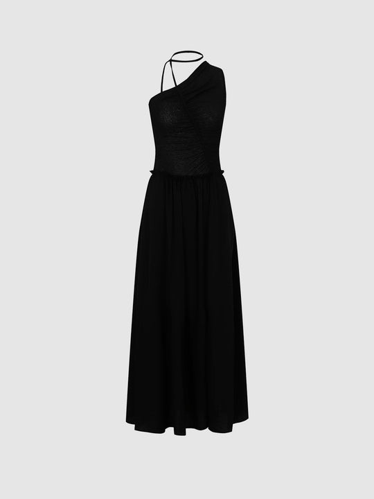 String Detail One Shoulder Sleeveless Seamed A-Line Midi Dresses