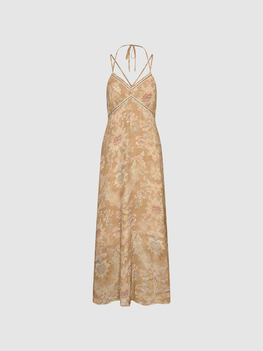 Halter Neck Strappy Open Back A-Line Midi Dresses