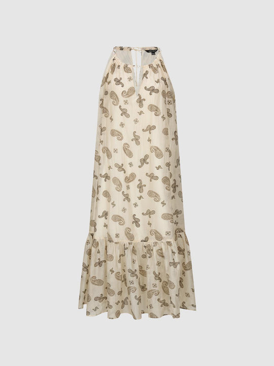 Beige Paisley Print Cotton A-Line Midi Dresses