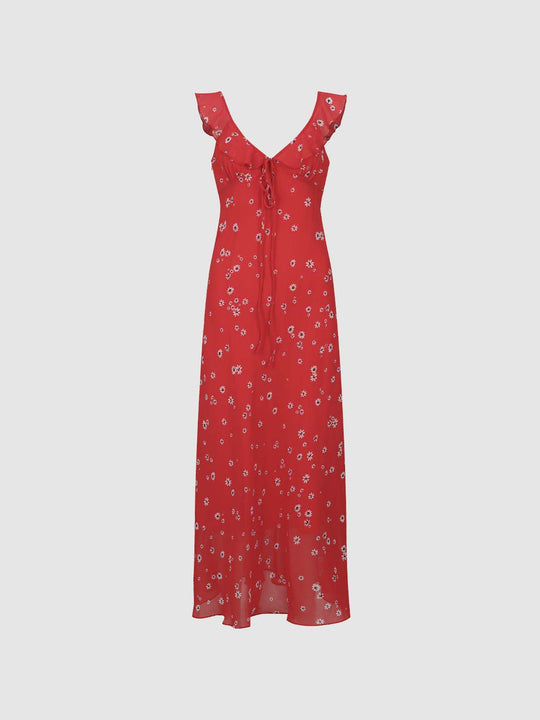 Ruffle Strap Floral V-neck Tie Front Maxi Dress
