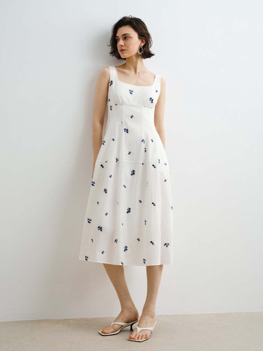 Cotton Embroidered Scattered Floral Maxi Dress