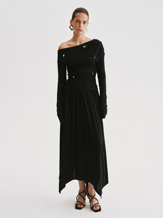 Ruched Long Sleeve Asymmetric Hem One Shoulder Decorated Maxi Dress