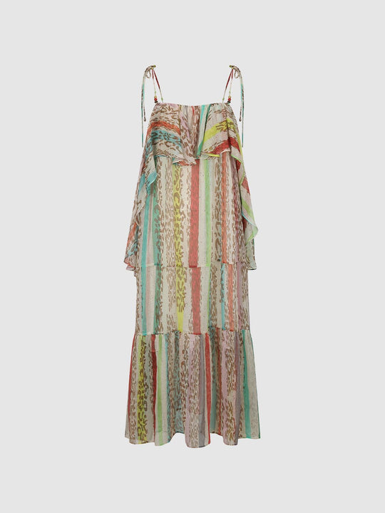 Tiered Striped Ruffle Spaghetti Strap A-line Dress