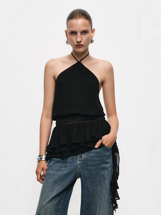 Halter Neck Evening A-line Tiered Ruffle Dress