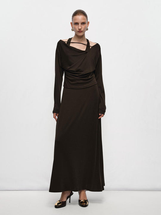 Cutout Neck Drape Waist Long Sleeve Dress