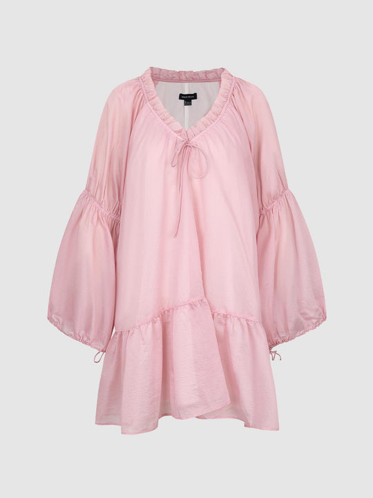 A-line Puff-Sleeve Tie Neck Lyocell Blend Dress