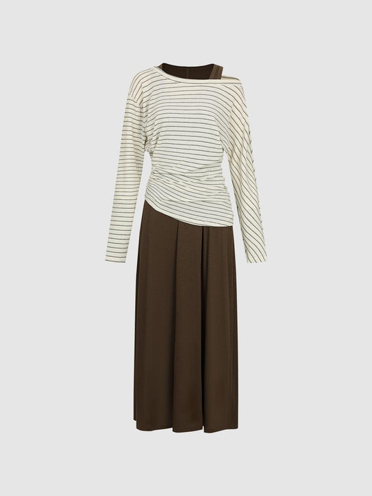 Striped Ruched Long Sleeve Pleated Maxi Dress