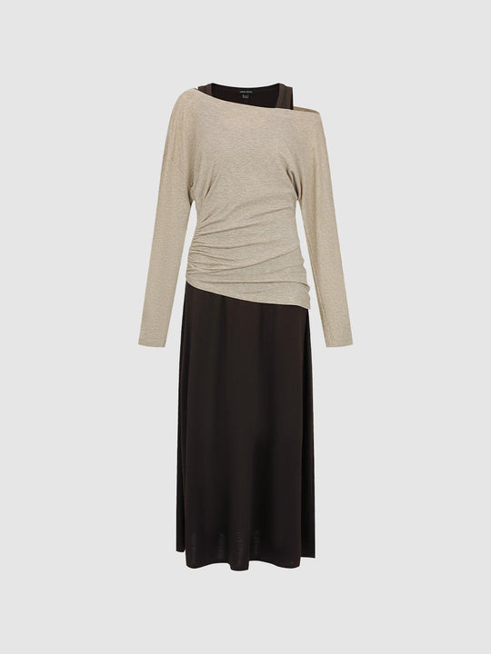 Ruched Asymmetric Long Sleeve A-Line Maxi Dress