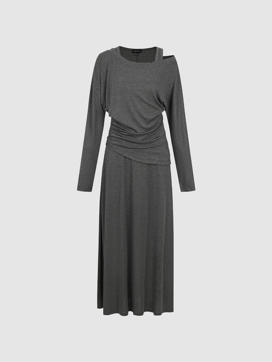 Ruched Wrap Crew Neck Long Sleeve Midi Dress