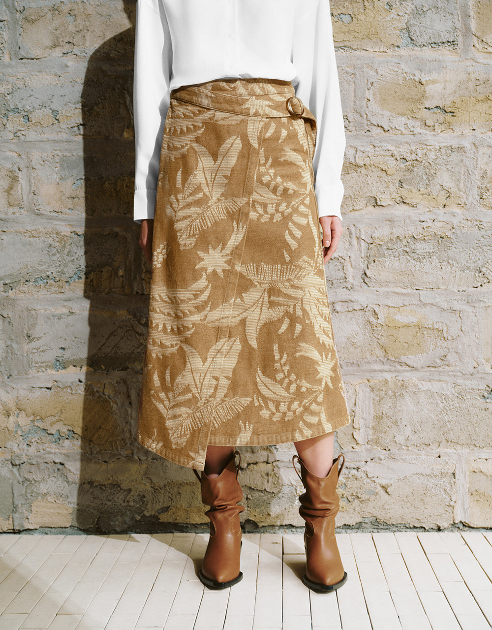 Printed Midi A-Line Denim Skirt