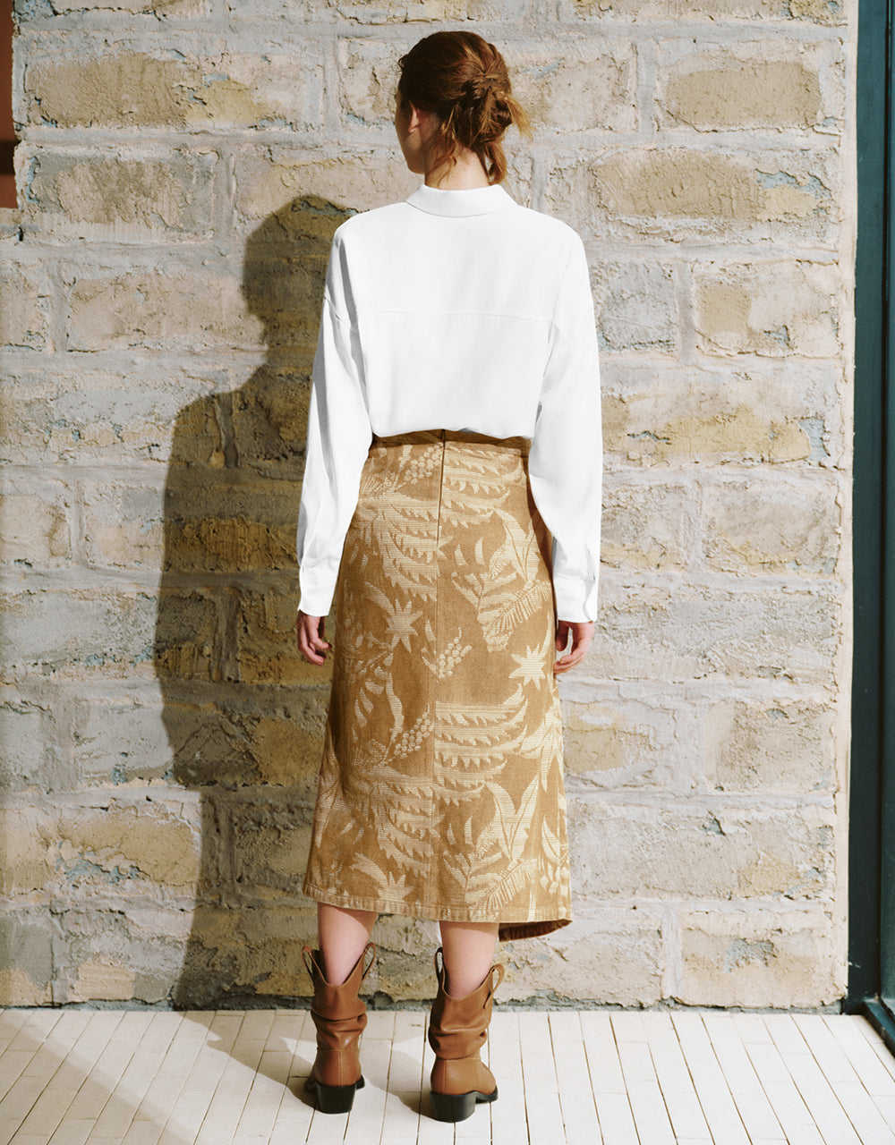 Printed Midi A-Line Denim Skirt