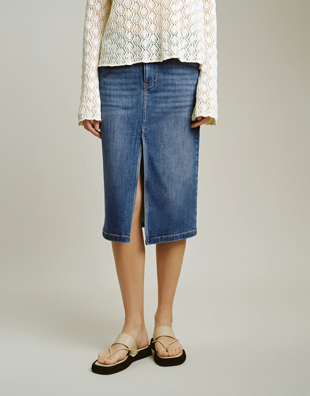 Split Hem Midi Straight Denim Skirt
