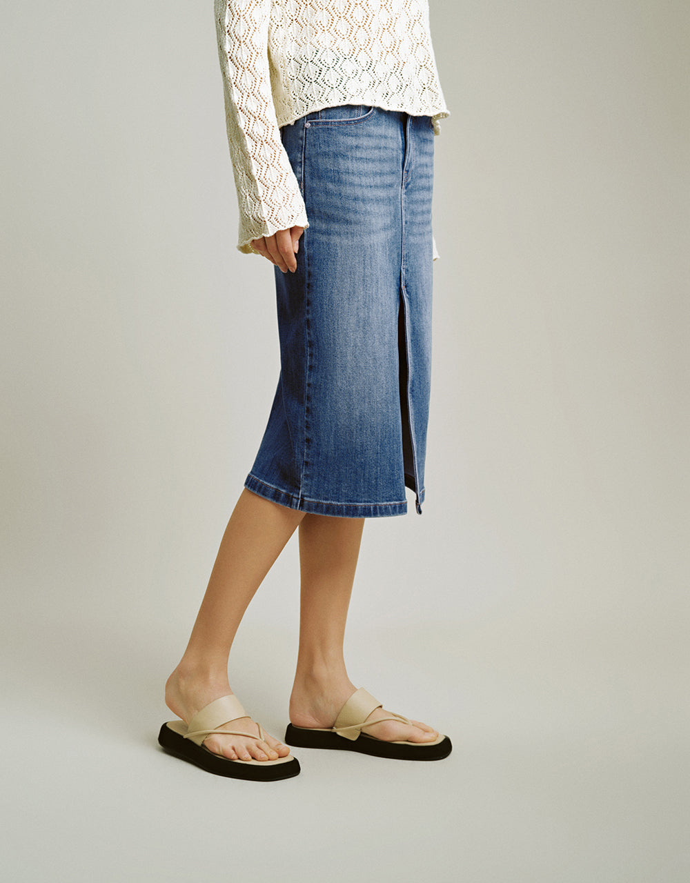 Split Hem Midi Straight Denim Skirt