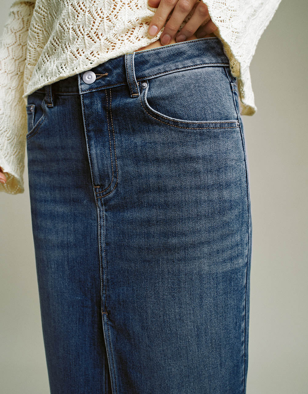 Split Hem Midi Straight Denim Skirt