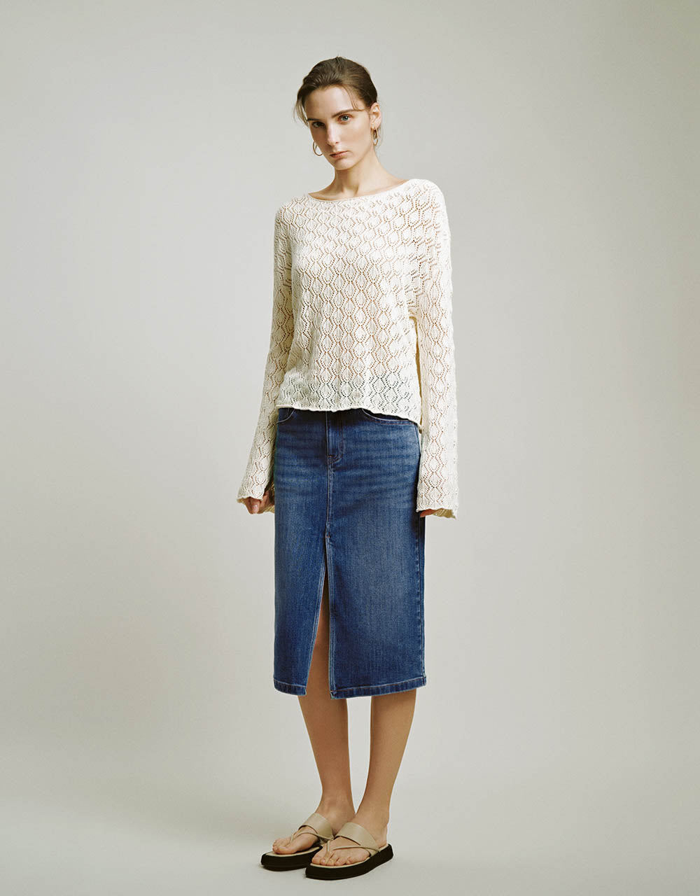 Split Hem Midi Straight Denim Skirt